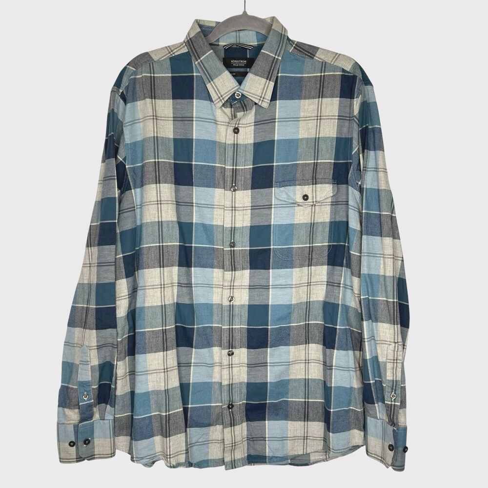 Nordstrom Regular Fit Light Flannel Shirt Men's XL Blue Gray Check Plaid Casual